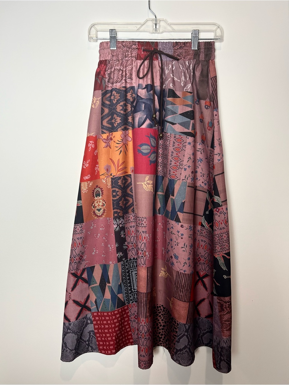 Boho Patchwork Maxi Skirt Elastic Waist Drawstring Multicolor